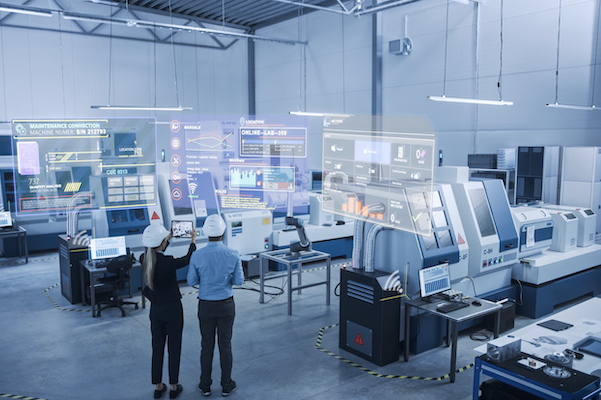 workers looking at holographic screens in a futuristic warehouse